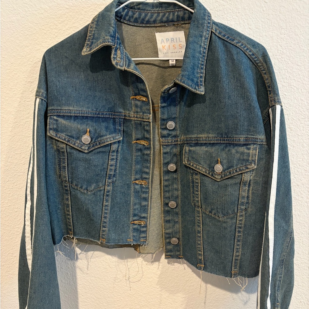 April Kiss Cropped Denim Jacket in Medium Wash with White Stripe